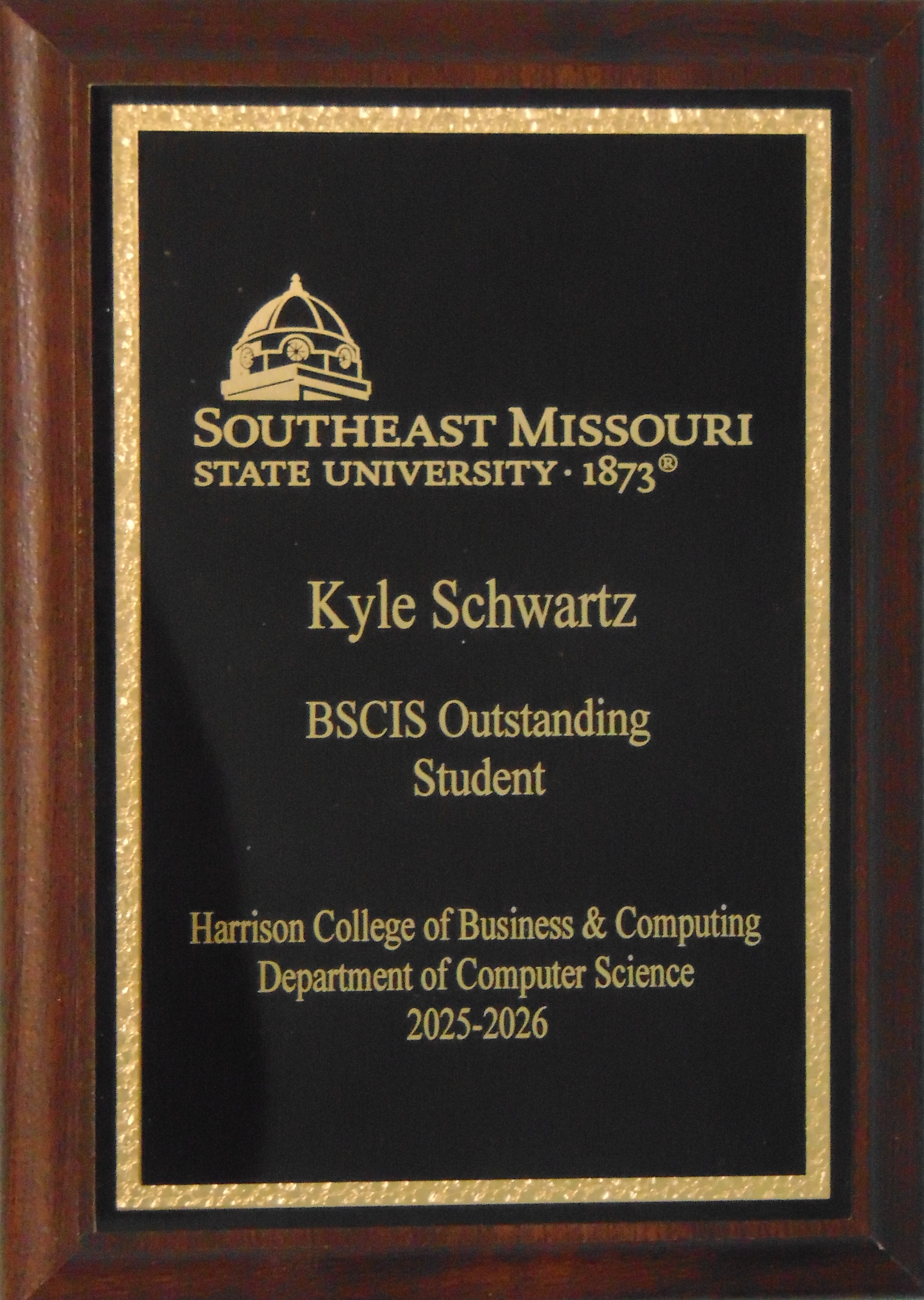 BSCIS Outstanding Student Award Plaque